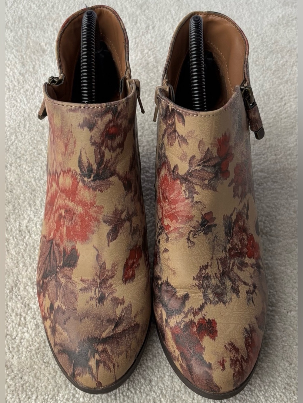 Style & Co. Floral Ankle Boots - Beige with Red and Brown Floral Accents